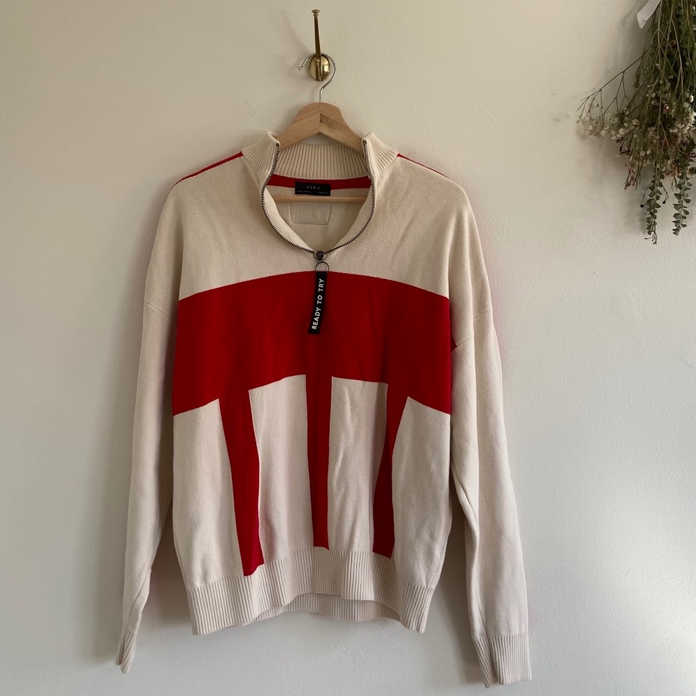 Zara Man (ready to try) white and red quarter zip sweater.
